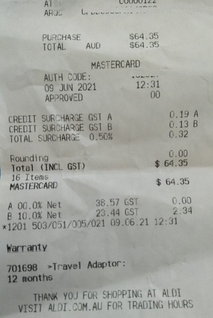 ALDI Receipt showing Credit Card Surcharge