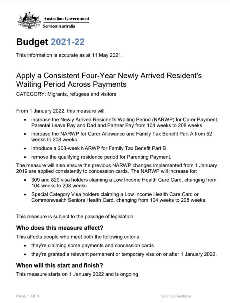 Budget 2021 Centrelink 4 year waiting period