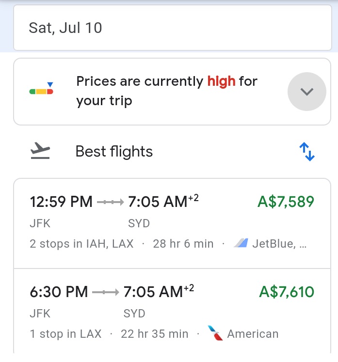 Flight Costs JFK to SYD 2021-07-10