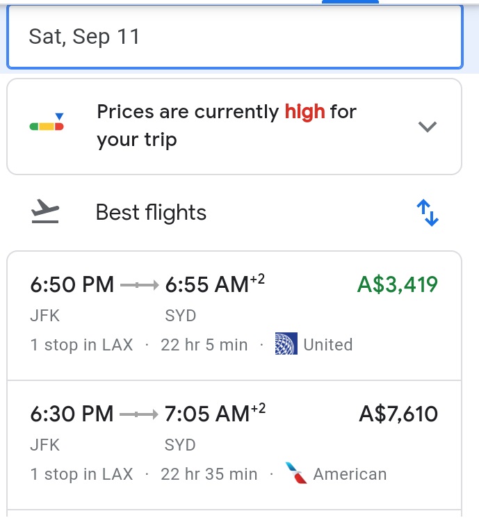 Flight Costs JFK to SYD 2021-09-11