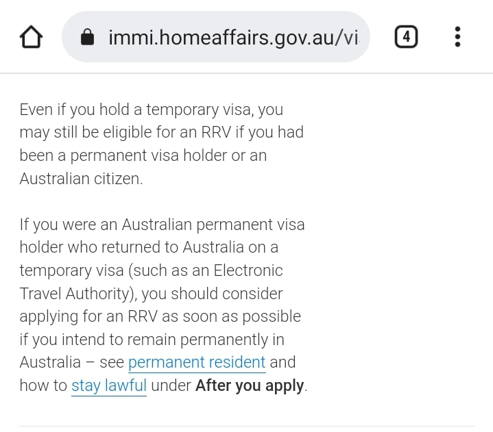 RRV expired Return to Australia